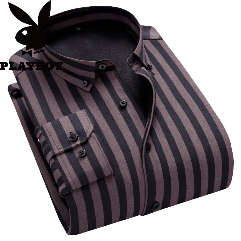 花花公子(PLAYBOY)保暖修身加厚秋冬衬衣条纹商务爸爸长袖男衬衫上衣宽松大码寸 黑色 保暖H15 加绒 M 建议90-105斤