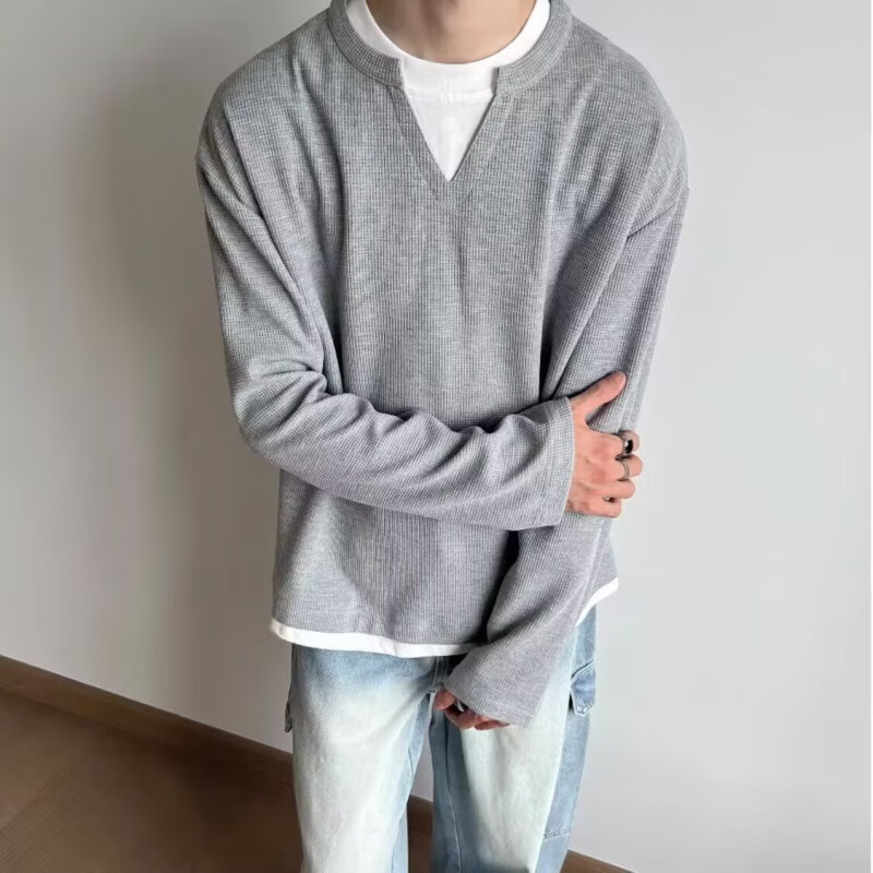 潮思汇美式休闲假两件青少年卫衣男潮流双层领设计感卫衣套头T恤上衣男 WY427黑色 M