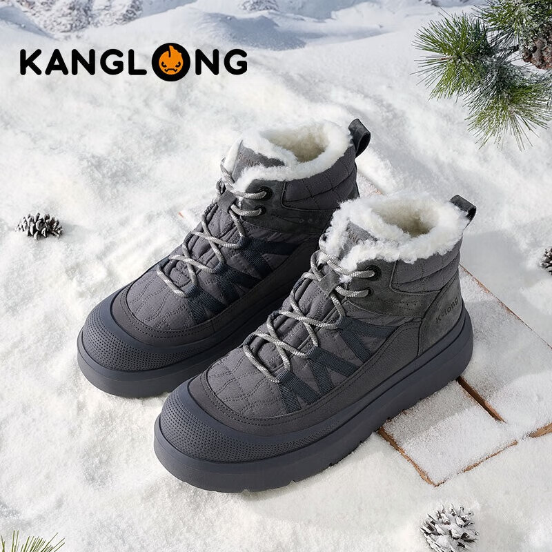 康龙雪地靴男鞋秋冬加绒保暖棉鞋男士防水休闲靴子 灰色 38