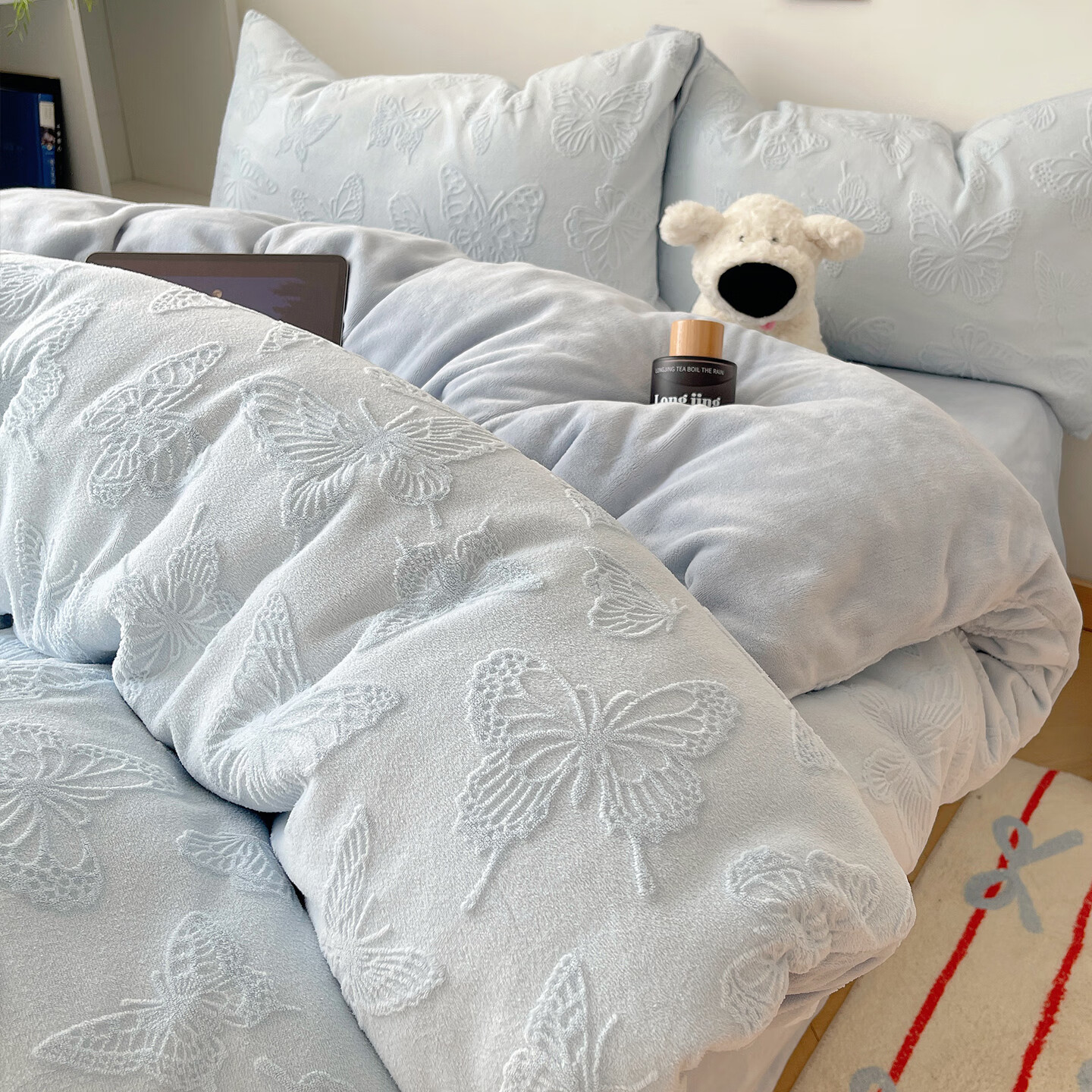 苏萱ins秋冬雕花牛奶绒四件套加厚珊瑚绒被套双面绒床单床笠床上用品4 雕花绒-蝴蝶蓝 1.8m 床单款 四件套-被套200x230cm