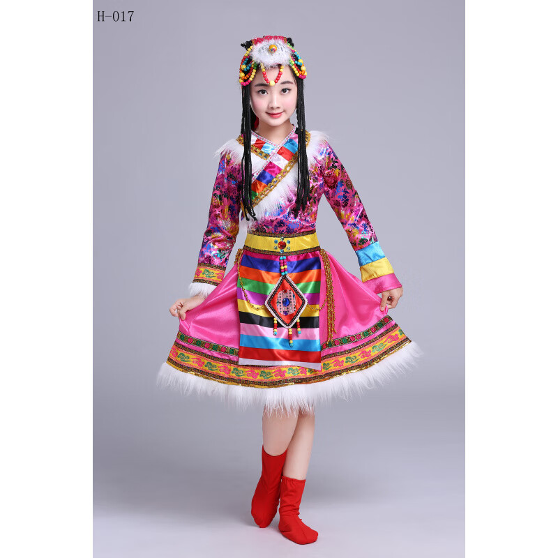 兰伶坊新款儿童藏族舞蹈服装多彩演出服适合3-14岁女童 玫红色 110 cm