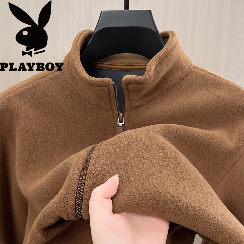 花花公子(PLAYBOY)摇粒绒加厚开衫卫衣男立领秋冬季奥粒绒外套男保暖抓衣绒外穿 黑色 -Y605 加绒 L 170 115-135斤