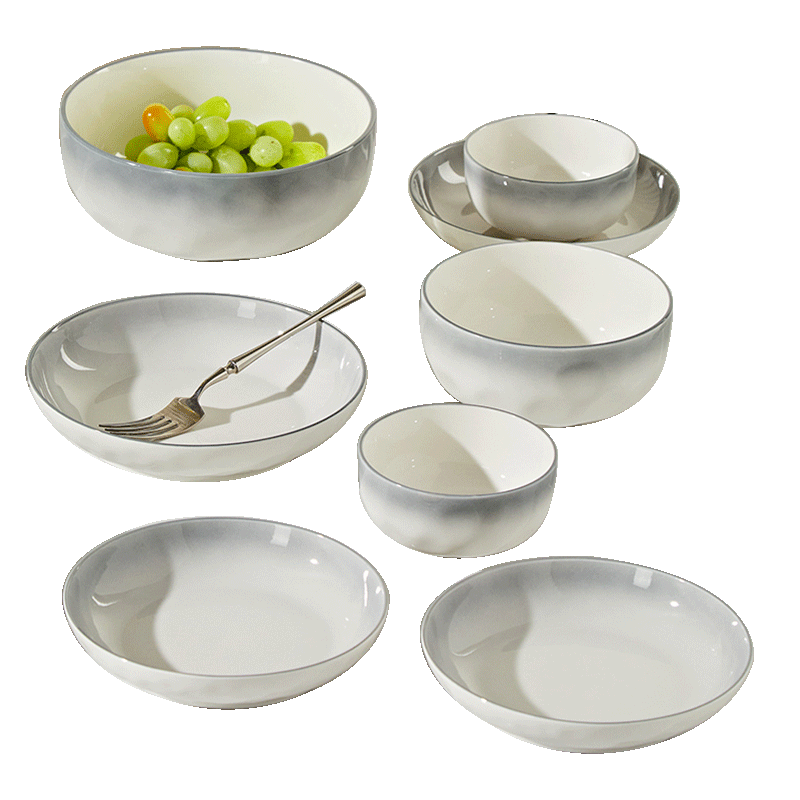 浩雅景德鎮(zhèn)碗碟套裝釉下彩簡約陶瓷碗盤餐具整套喬遷禮物煙雨謠28件