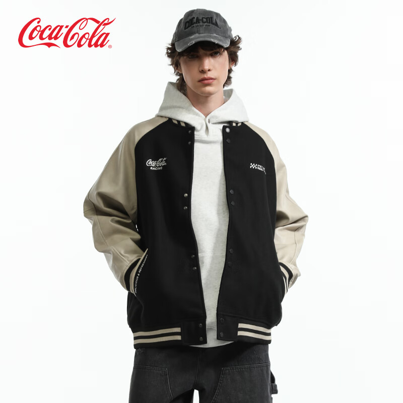 可口可乐（Coca-Cola） PU皮夹克男美式刺绣春秋款外套毛呢棒球服女 黑色 S