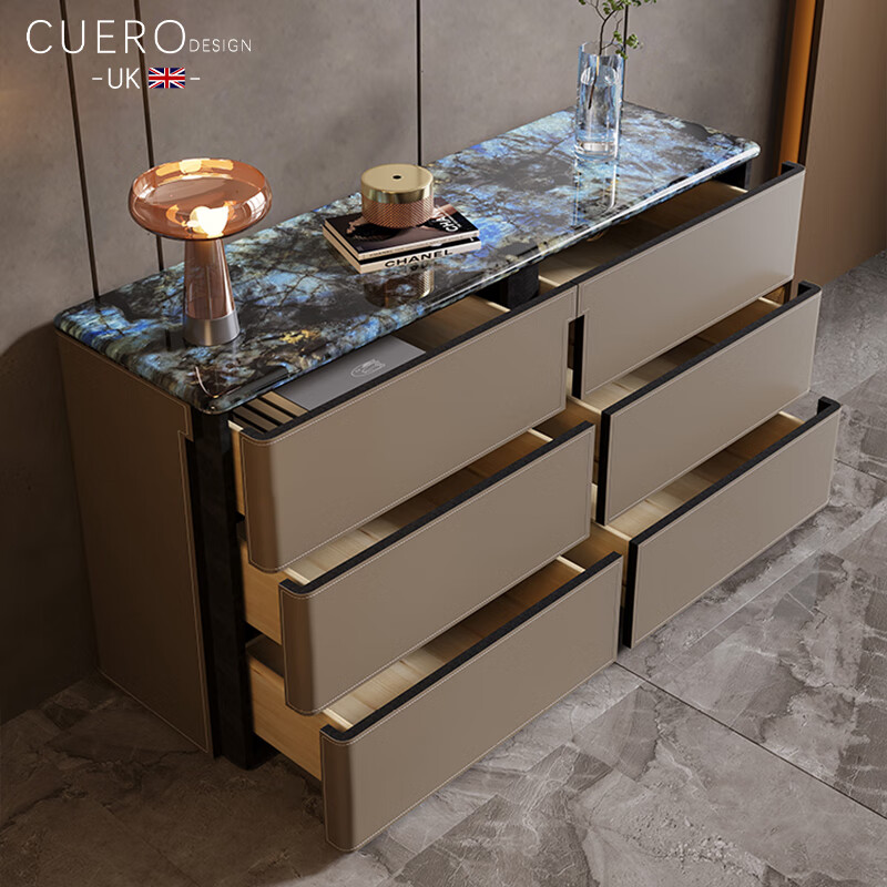 CUERO DESIGN轻奢大理石马鞍皮餐边柜家用靠墙储物斗柜卧室床尾高款电视柜边柜 （120x40x80cm）六斗柜【浅咖色+超晶石台面】 【整装发货 免安装】