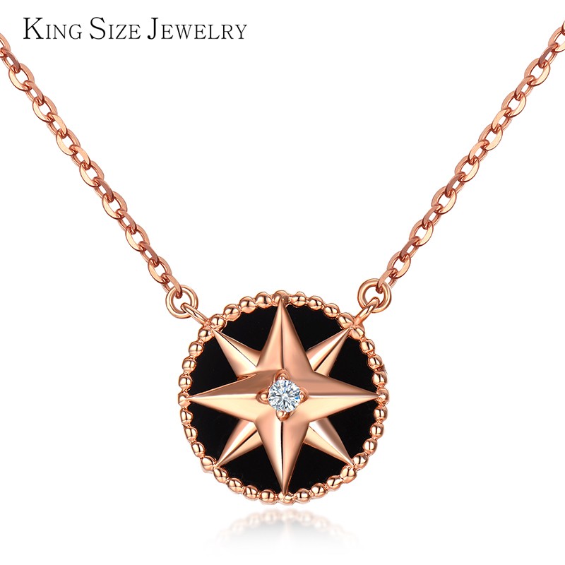 king size jewelry18k金钻石项链女 玫瑰金色 黑玛瑙罗盘吊坠 18k金镶