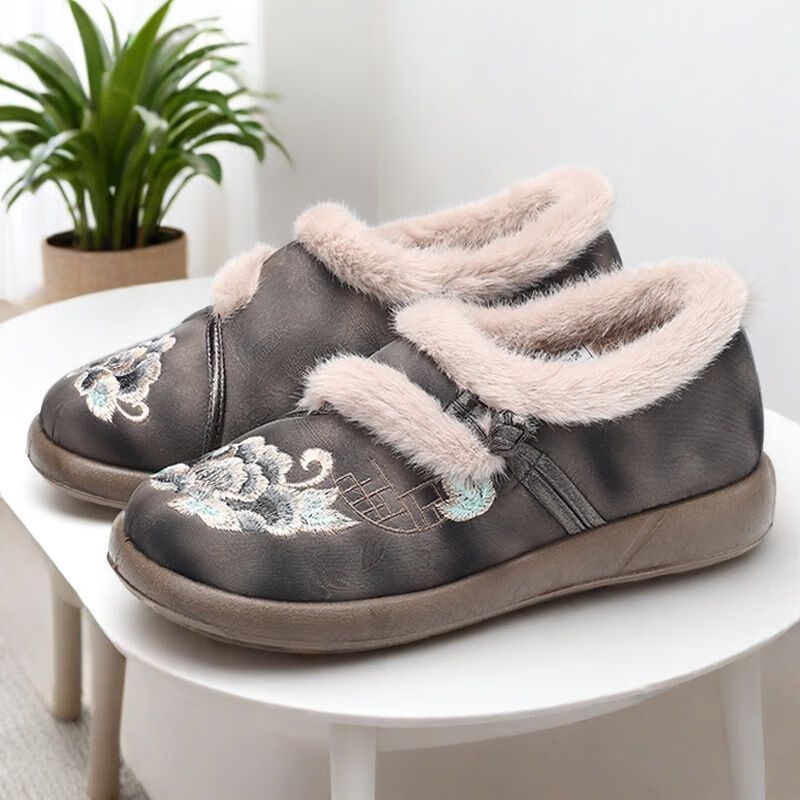 泰和源老北京布鞋女棉鞋冬季加绒防滑保暖舒适软底复古绣花鞋妈妈棉鞋 红色 40