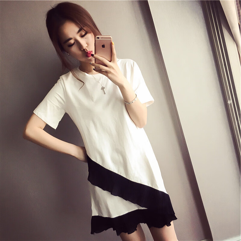 【现货直发】夏季中长款短袖t恤女荷叶边拼接大码宽松连衣裙女短 白色 M