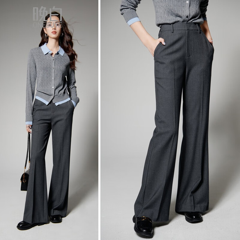 晚白2026春款高腰通勤格雷灰长裤显瘦遮胯微喇休闲裤女【不含腰带】 深灰色 28