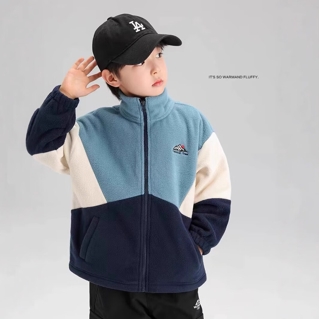 小豬班納男童多色拼接韓版奧粒絨外套中小童裝撞色開(kāi)衫拉鏈立領(lǐng)夾克潮 湖藍/米白/藏青 100 建議身高90-100cm