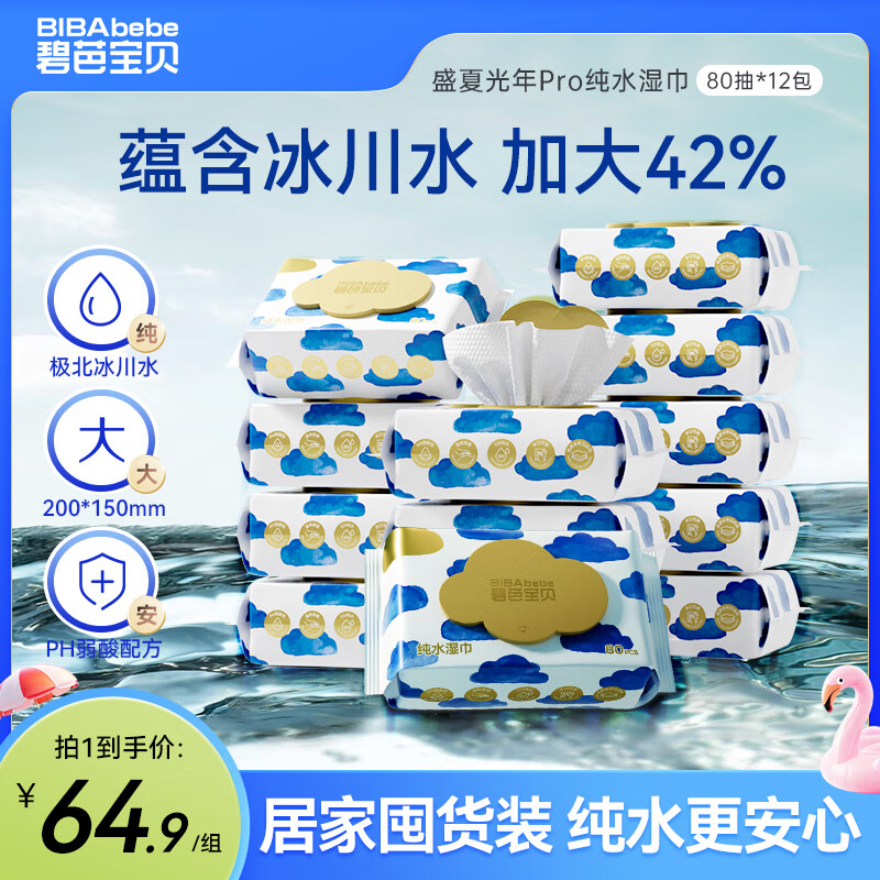 碧芭宝贝 盛夏光年纯水湿巾80抽*12包 EDI冰川水温和清洁湿纸巾囤货箱装