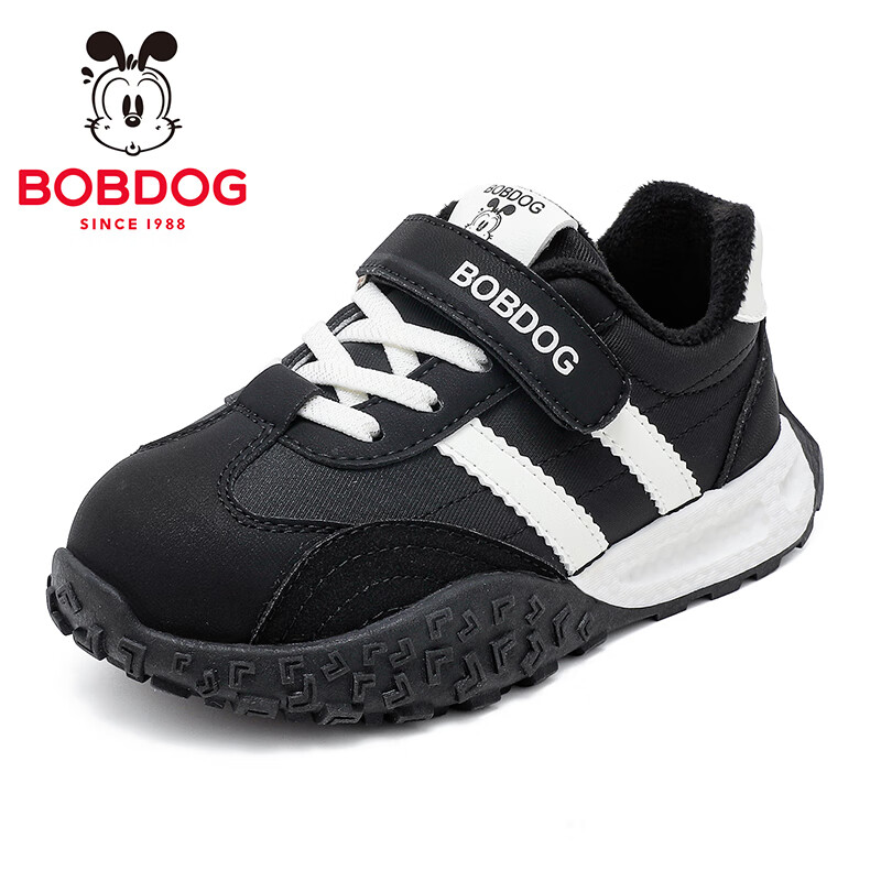 巴布豆(BOBDOG)童鞋男童2025冬季舒适百搭跑鞋加绒保暖二棉鞋低帮休闲二运动鞋女 黑/米(加绒) 29 适合脚长17.6cm