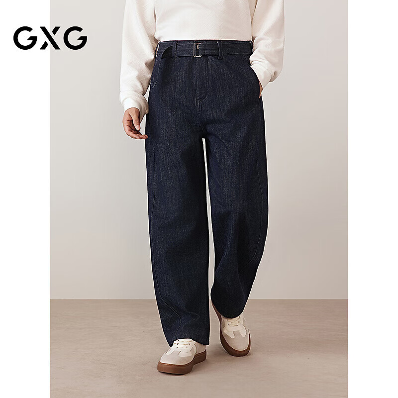 GXG男装经典不易褪色宽松腰绳设计直筒牛仔 深蓝 180/XL