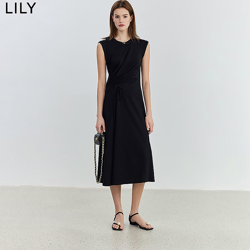 LILY【商场同款】夏新款女装设计感修身气质都市连衣裙小黑裙 510黑 M