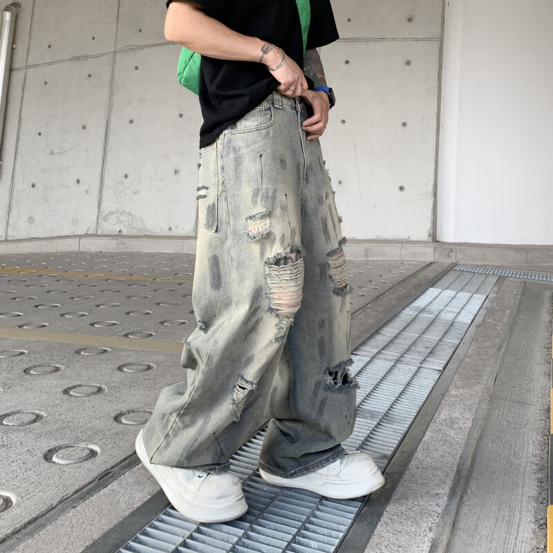 原创vibe破洞牛仔裤男夏季美式潮牌宽松休闲阔腿拖地裤子大码男装 蓝色91005-3 M