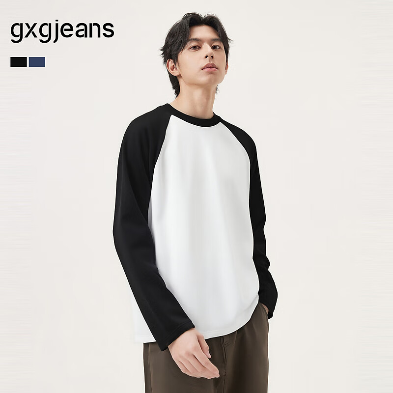 gxg.jeans男装* 多色插肩袖基础打底长袖T恤男女同款情侣 25秋新品 白色/黑色 XL (180)