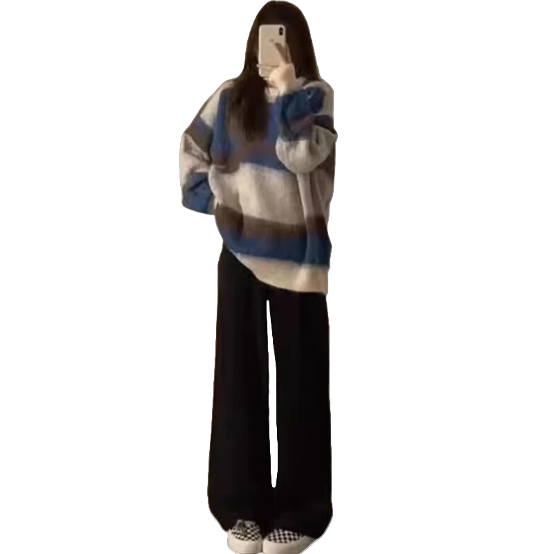 苒琦媽咪孕婦裝秋裝套裝2025新款時尚洋氣外穿針織毛衣休閑寬松秋冬兩件套 藍條毛衣+黑色加絨闊腿褲 L