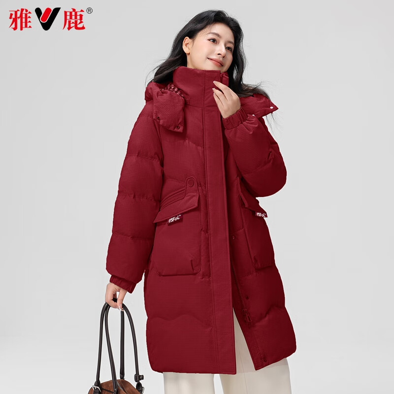 雅鹿羽绒服女中长款2025冬季新款时尚韩版宽松连帽加厚保暖女士外套 黑色 M (160)