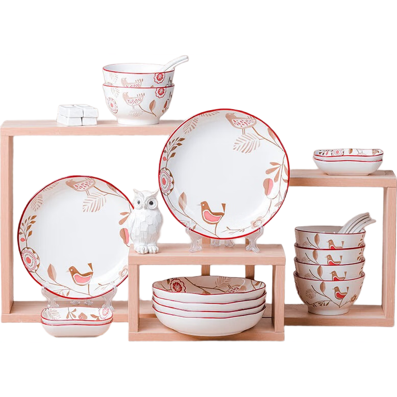 順祥陶瓷創(chuàng)意個(gè)性中式喜慶餐具家用報(bào)喜鳥(niǎo)碗碟套裝單個(gè)湯碗吃飯碗 報(bào)喜鳥(niǎo)20頭餐具套裝