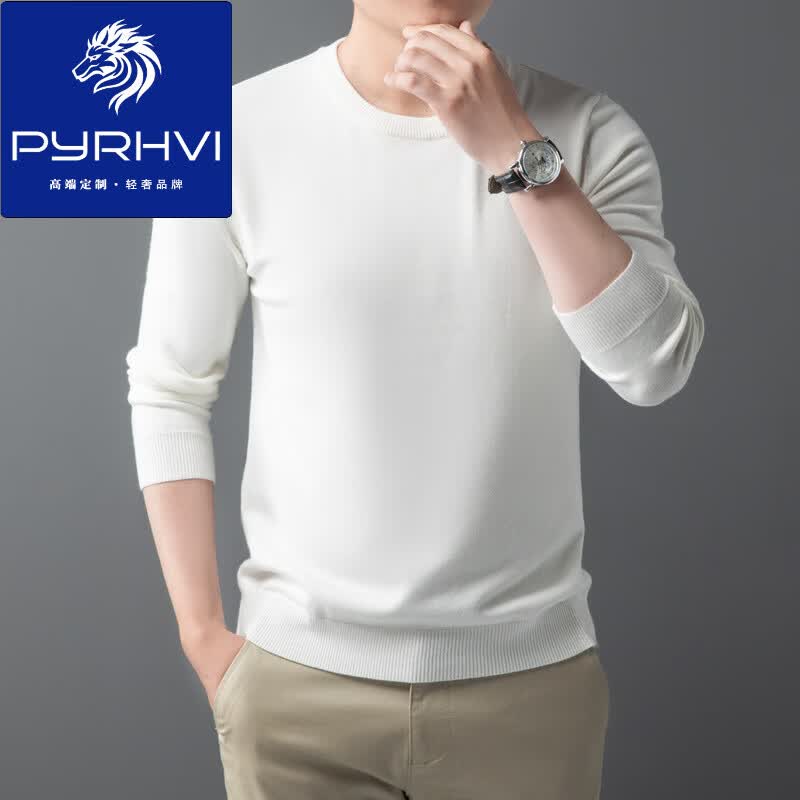 PYRHVI高档100纯羊毛绒衫男圆领毛衣秋冬新款加厚宽松套头V领打底针织衫 圆领纯白 2XL
