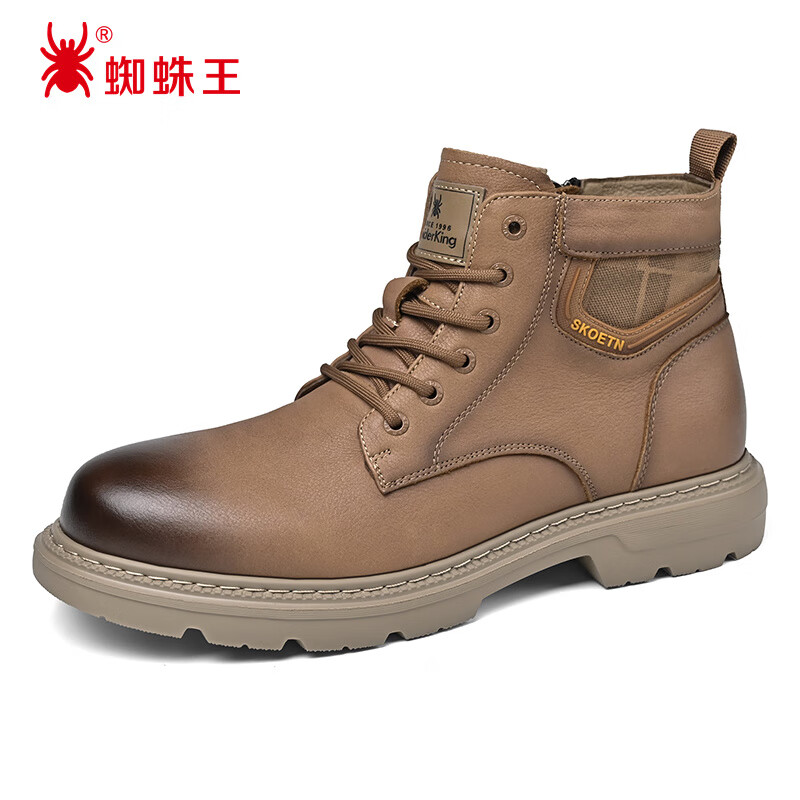 蜘蛛王短靴男秋冬季高帮牛皮复古马丁靴男士工装靴子 2E02F153 黄棕 41