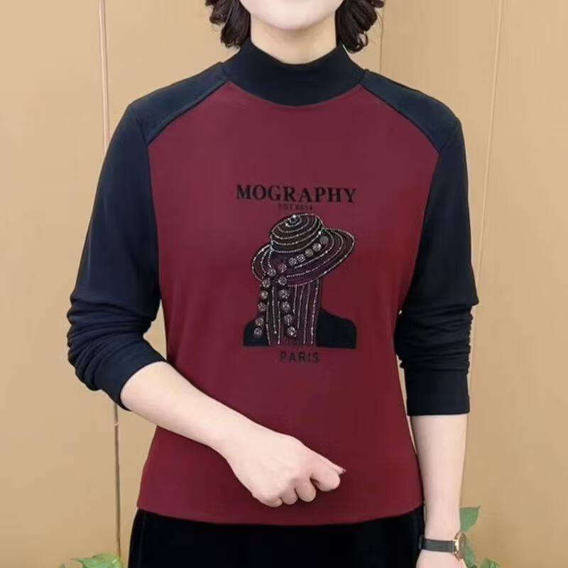 2025秋冬新款半高领双面绒保暖打底衫气质百搭显瘦洋气妈妈装上衣 【加绒加厚】酒红色 3XL 【建议115-130斤】