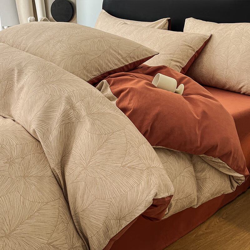 猫人（MiiOW）全棉磨毛床上四件套秋冬保暖纯棉床单被套三件套学生宿舍床上用品 庭贯秋意【加厚纯棉磨毛】 2.0m 床单款 四件套-220*240cm被套