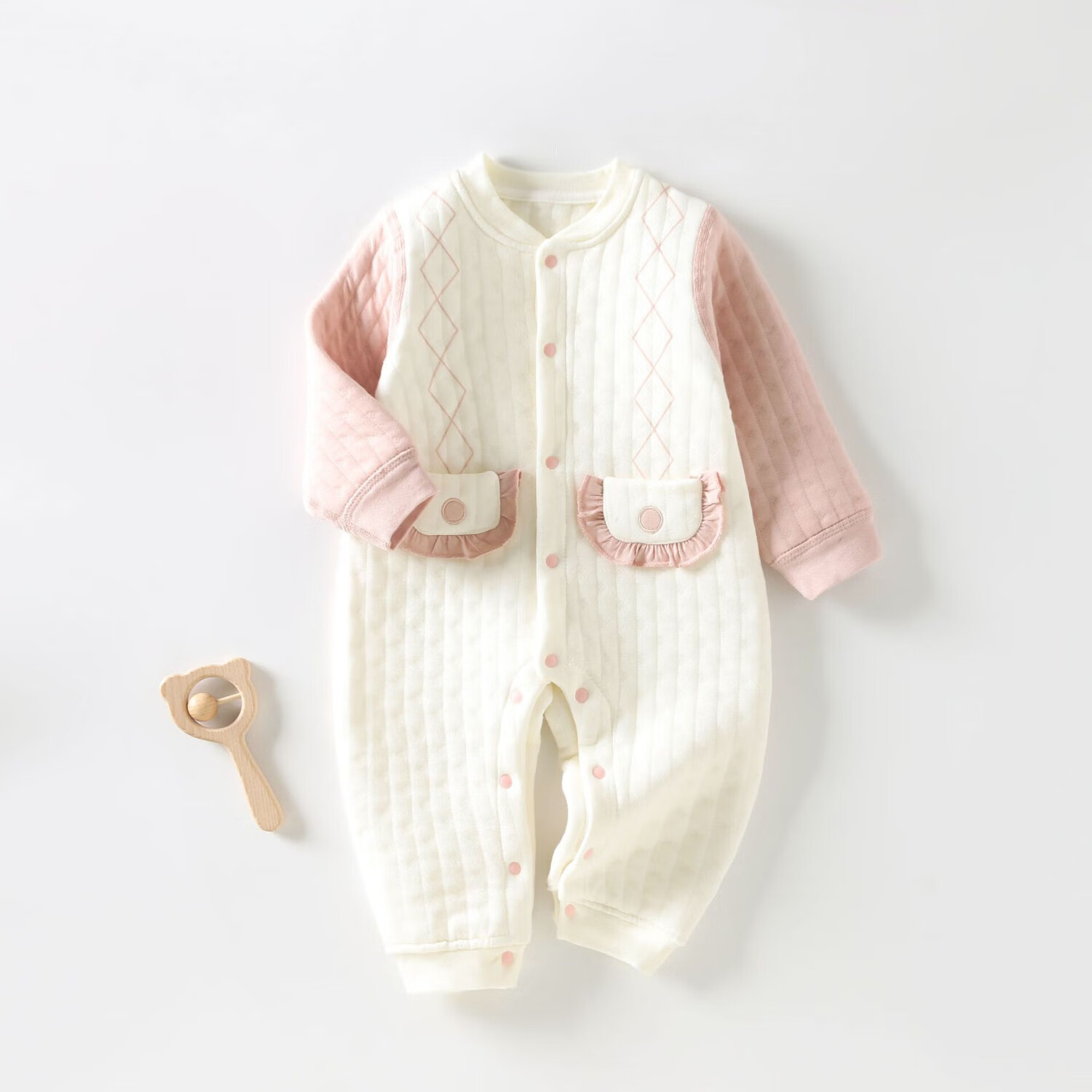 人之初宝宝外出哈衣加厚冬套装婴儿连体衣保暖春秋款夹棉秋装新生儿衣服 76143粉色 66cm