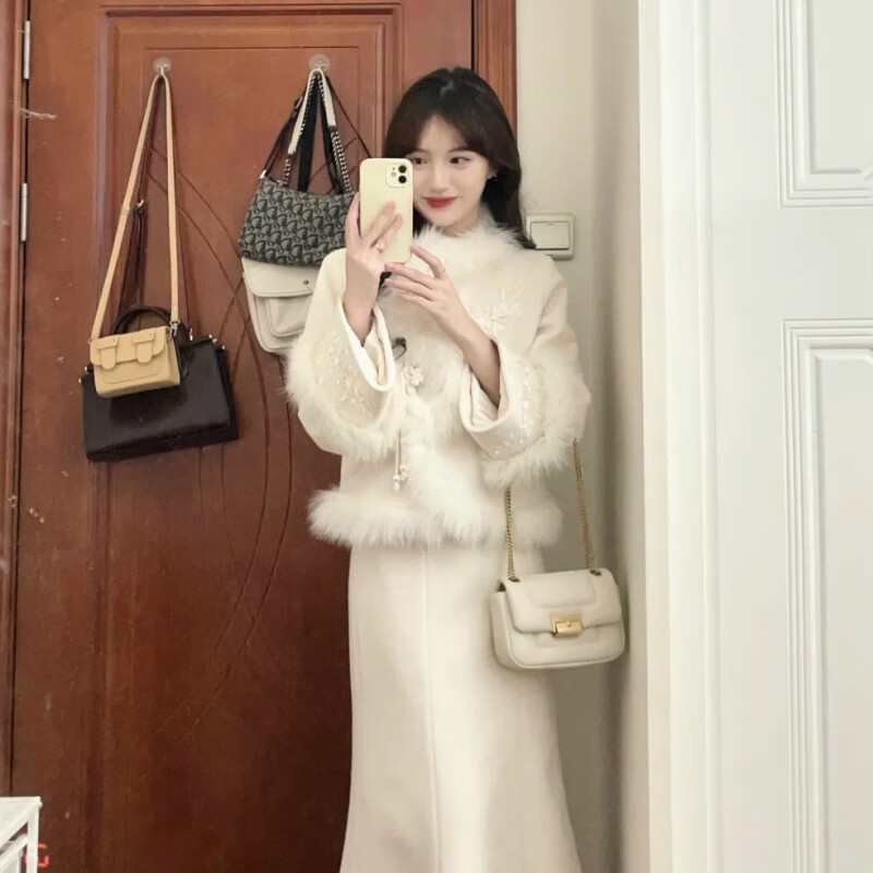 秋冬千金感感套装新中式盘扣刺绣毛呢外套a字半身裙两件套裙 外套+半身裙 L (建议101-120斤)