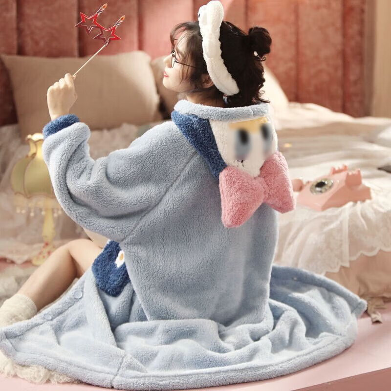 宝娜斯睡衣软绵珊瑚绒保暖睡衣女秋季加厚暖暖绒家居服上衣睡袍 紫鸭睡袍 均码 【适合80-155】