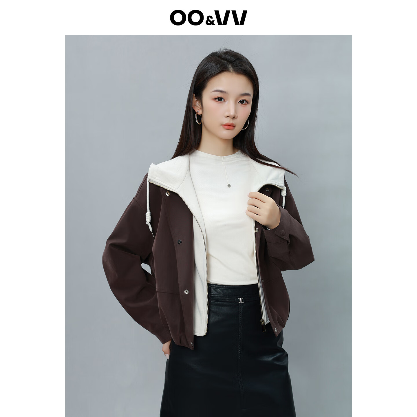 OO&VV2025年秋装新款撞色拼接连帽外套女设计时尚百搭显瘦上衣假期出游 摩卡棕 M