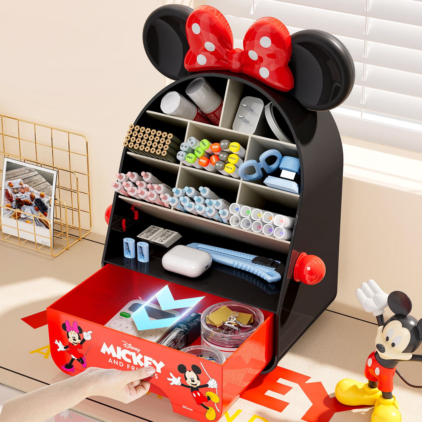 泉狮桌面收纳盒儿童书桌上可伸缩书立架学生课本置物架文具整理盒笔筒 【迪士尼联名款】奶油黄