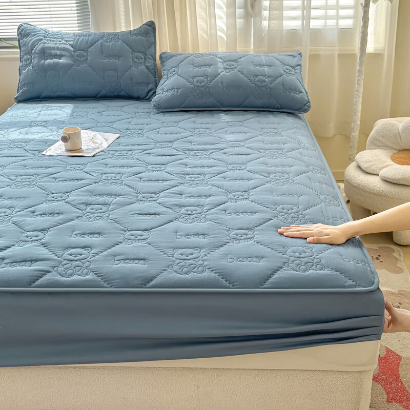 雅鹿加厚夹棉床笠防尘绗缝床罩三件套隔脏床盖床垫保护套床上用品 小熊夹棉床笠-宾利蓝【蓬松柔软 四季通用】 150*200cm单床笠