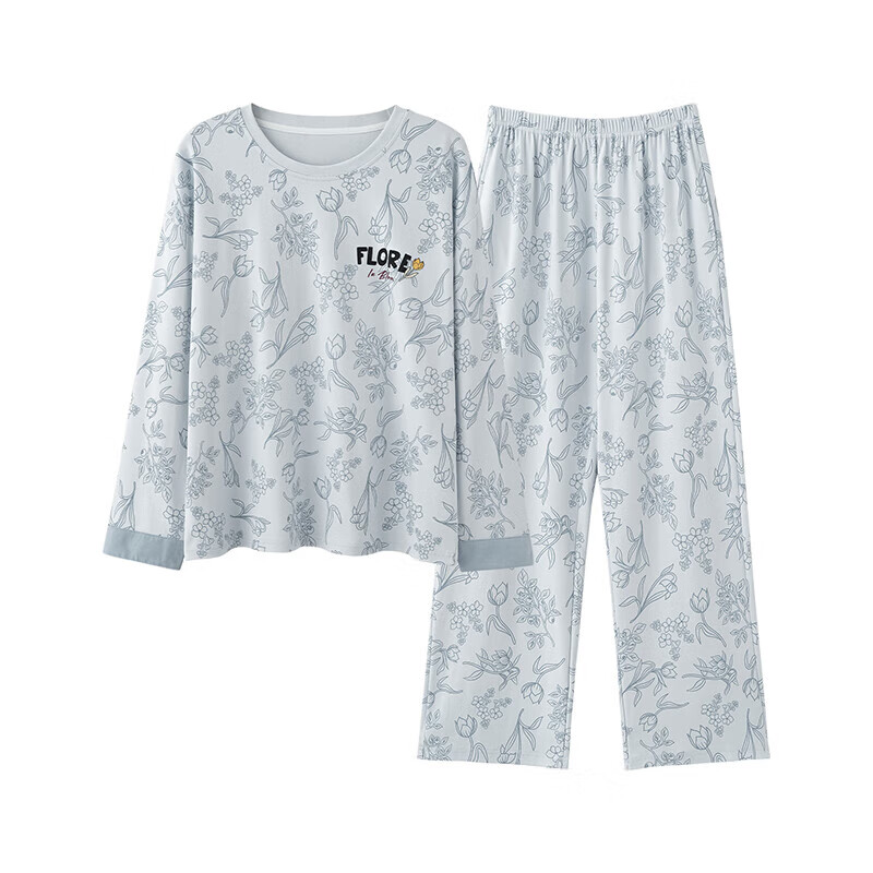 芬腾睡衣女纯棉秋新款优雅花卉套头休闲外穿长袖家居服套装 浅蓝 M