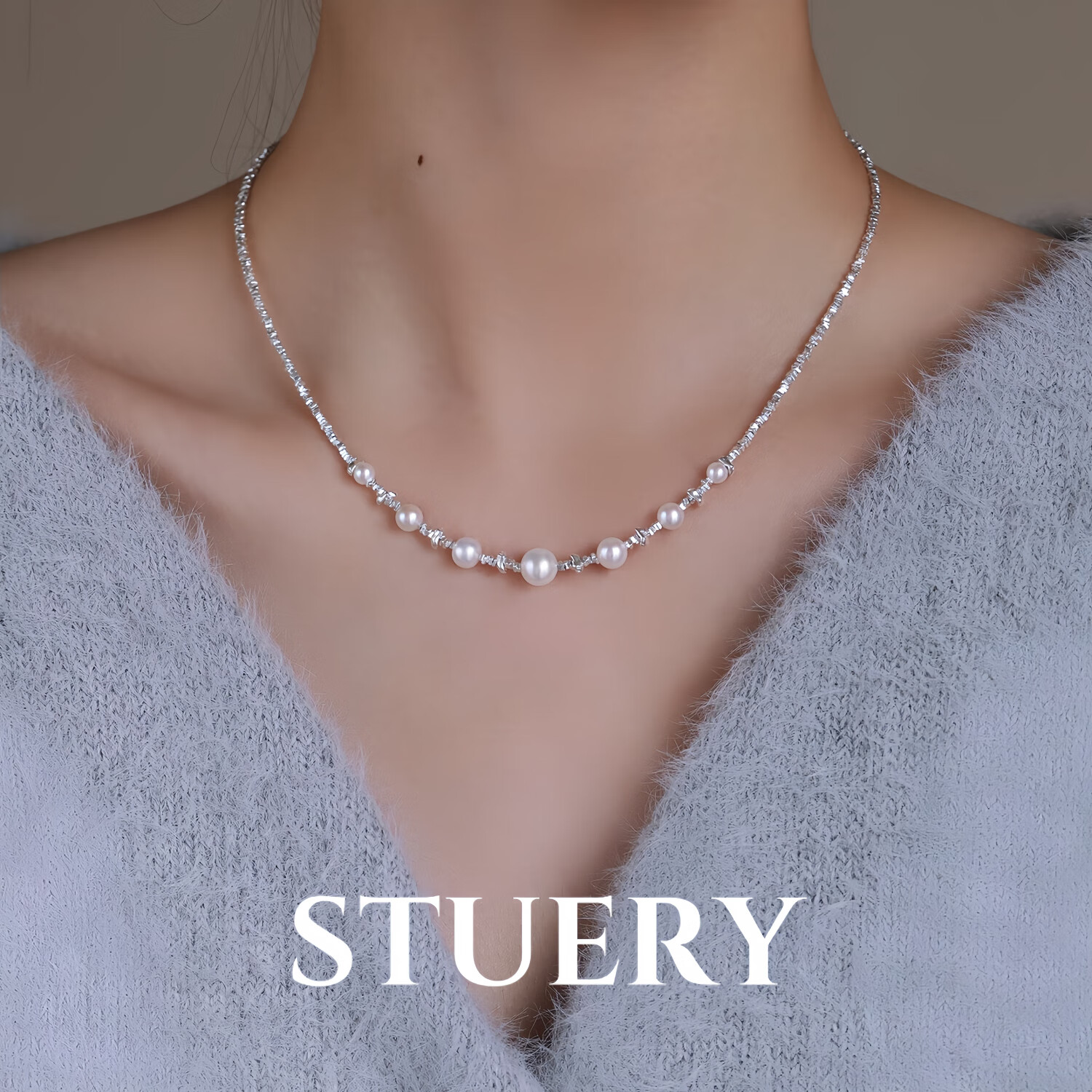 STUERY法国轻奢高级感荆棘碎银子天然珍珠项链简约锁骨链送老婆送女友礼 强光几乎无瑕淡水珍珠 4-8mm