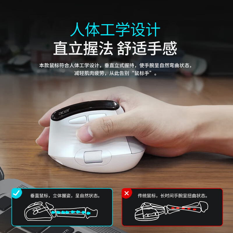 宏碁（acer）OMR274人体工学双滚轮垂直鼠标无线蓝牙三模有线可自定义按键鼠标宏静音鼠标办公电脑中大手可充电 灰白色（可自定义按键鼠标宏/双滚轮）