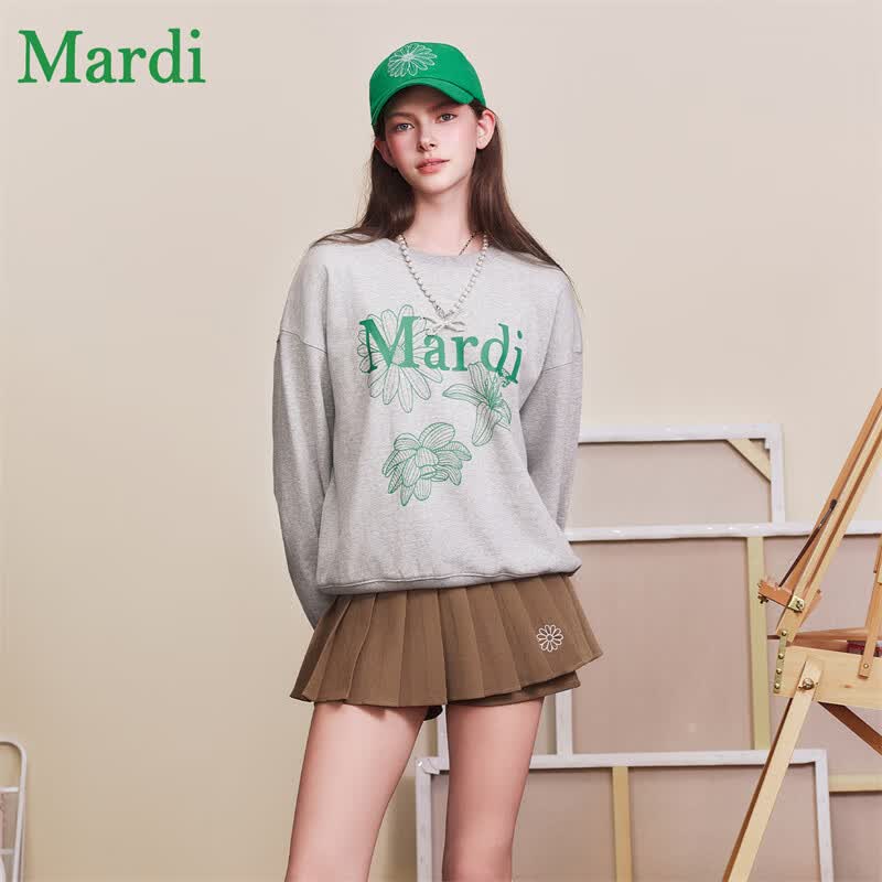 MARDI小雏菊女装韩版圆领卫衣2026春季潮流印花宽松长袖套头衫上衣 珐琅灰 M