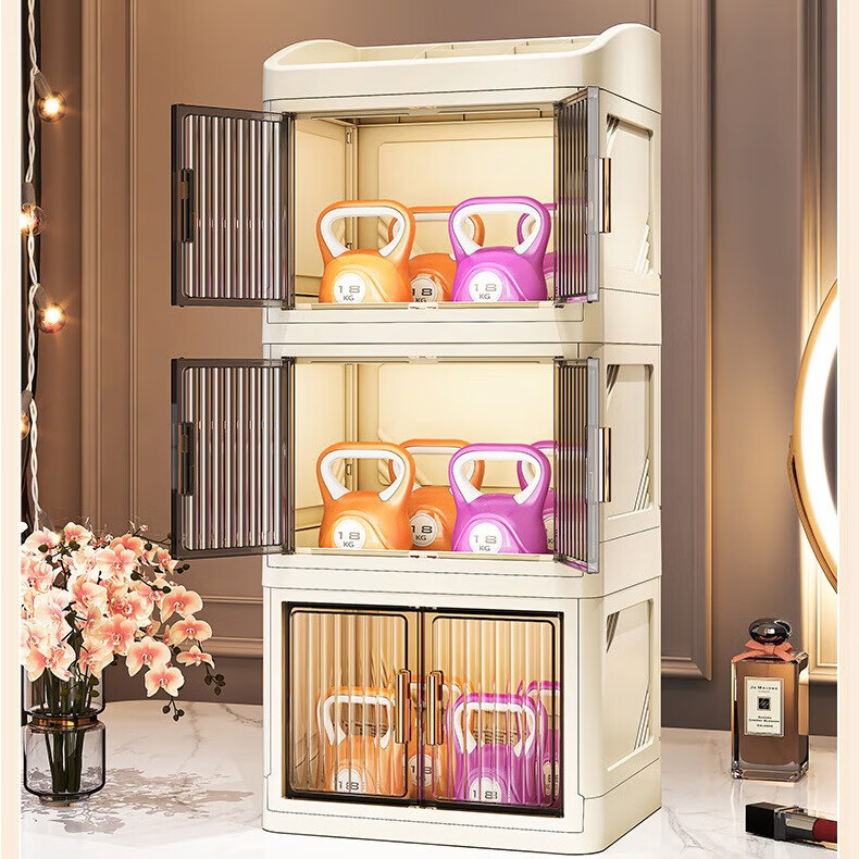 铂呐苓桌面化妆品储物箱抽屉收纳盒收纳箱办公桌折叠盒宿舍办公室桌整理 双开门收纳盒【平顶白色3层】 24*18*52cm