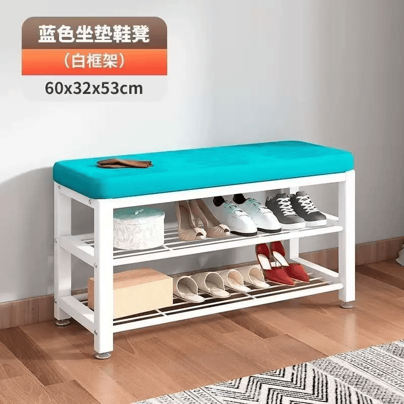 简易物凳入户门家用衣帽架架玄关一体换鞋架落地门厅多功能挂衣置 换鞋凳-60CM(白架-蓝布)