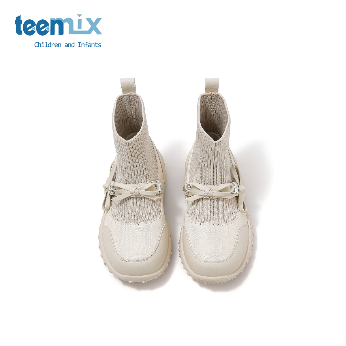 天美意天美意童鞋2025年春秋新款小女孩蝴蝶结公主靴女童百搭中大童袜靴 米色 31