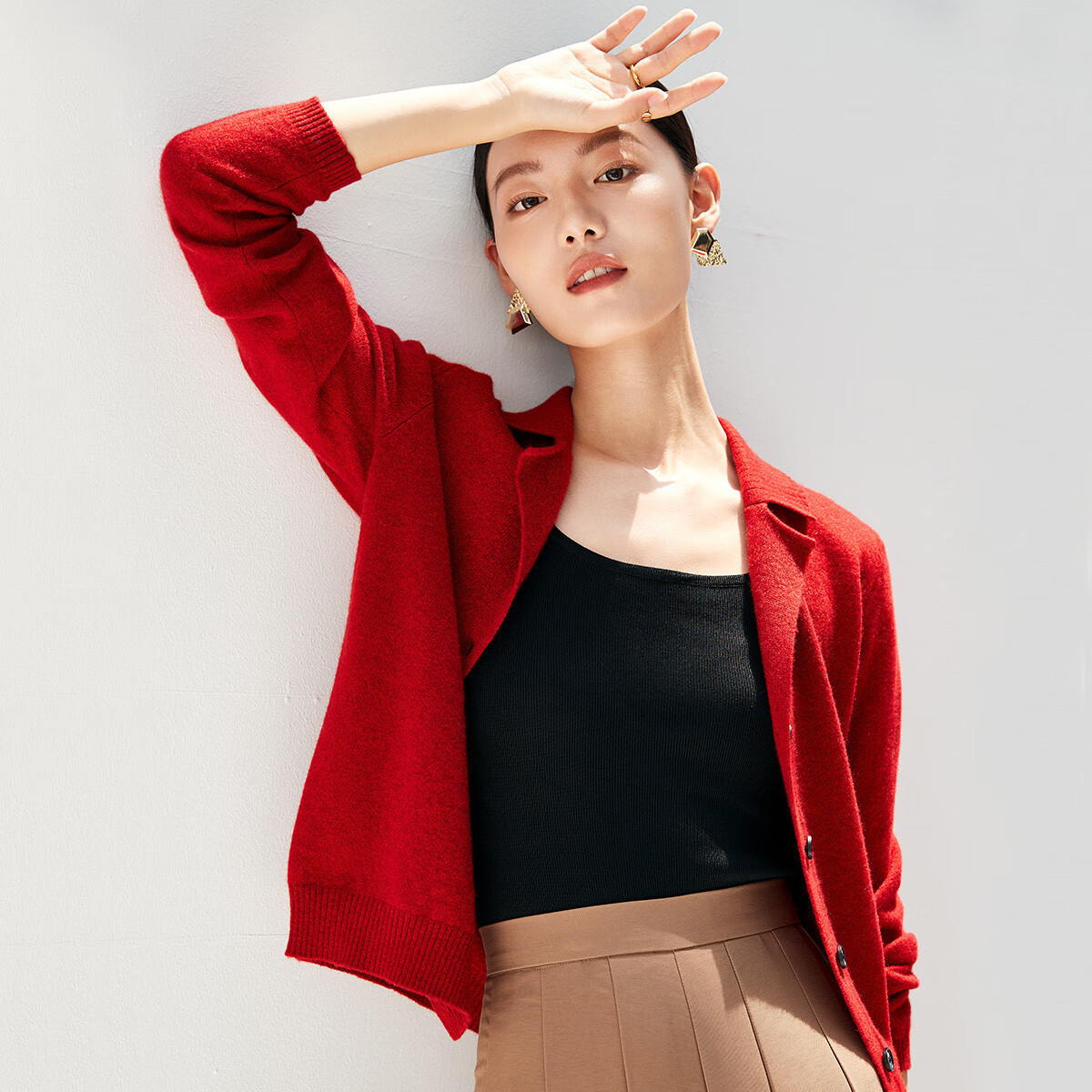 帕罗（PALUOPO）2025100%山羊绒衫女开衫秋冬季保暖上衣针织衫毛衣外套ET20061R 大红夹花 S 155/95