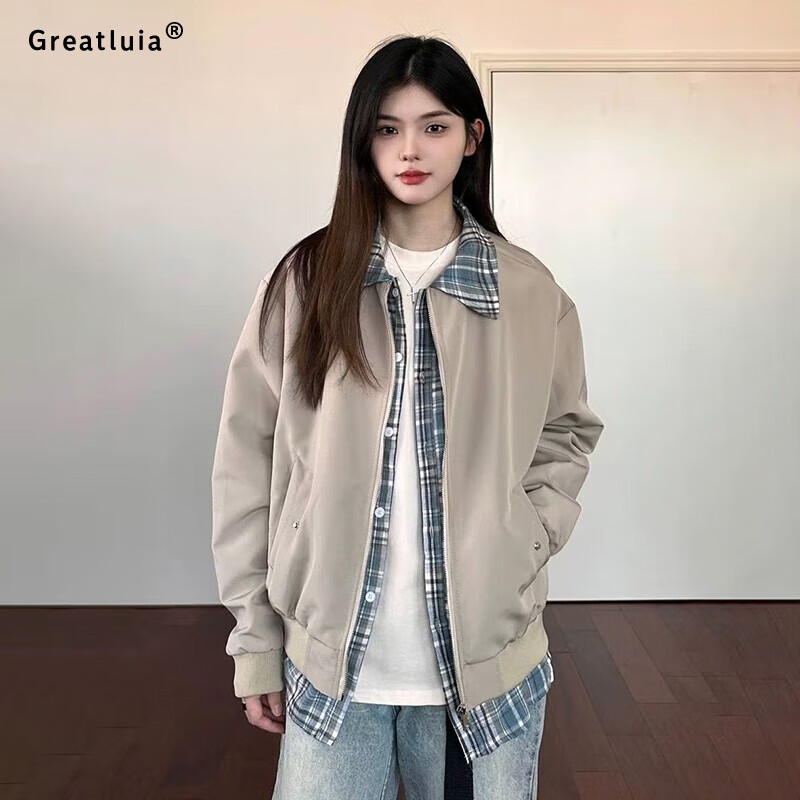 GREATLUIA夹克男春秋季新款美式复古假两件格子内衬情侣款潮流百搭翻领夹克 卡其 L 京东折扣/优惠券