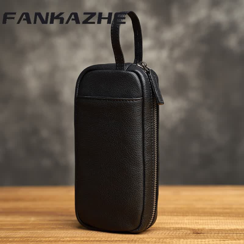 梵卡哲（FANKAZHE）男士真皮手拿包简约休闲手机收纳包头层牛皮手拎包 黑色