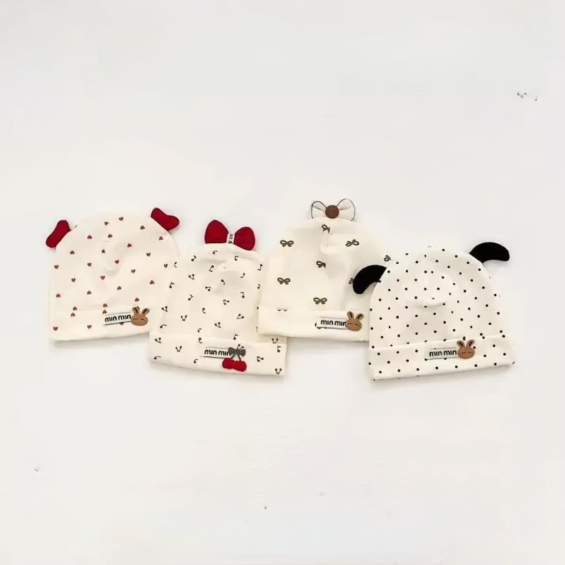 彩虹房子新生婴儿帽四季男女初生0-3月满月幼儿护头囟门宝宝胎帽合集 蝴蝶结德绒胎帽适合0-6个月（36-42cm）四季双层 参考备注，以宝宝头围为准