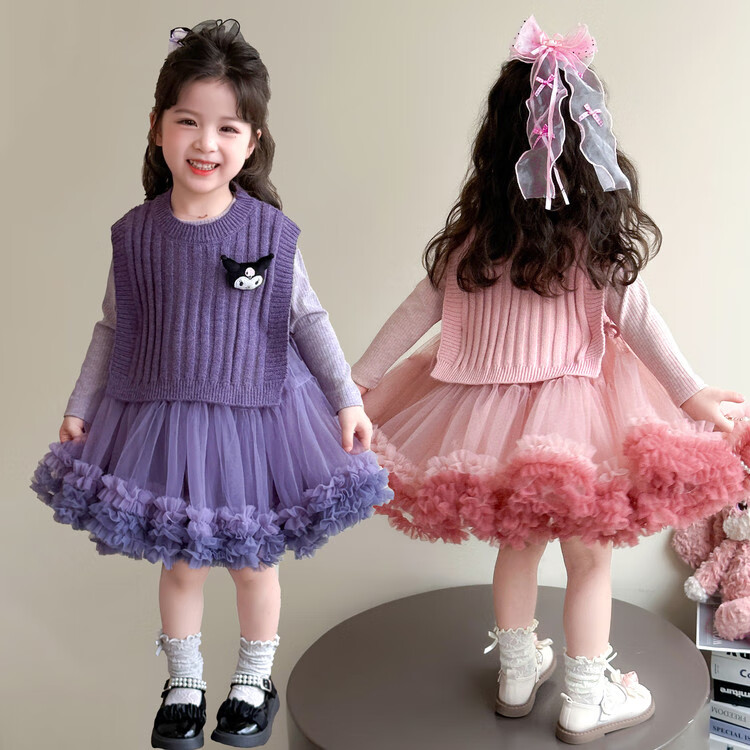 G.duck库洛米女童连衣裙春秋新款女宝宝公主裙美乐蒂儿童毛衣马甲两件套 粉色+发夹 110 (建议身高100cm 4-5岁)