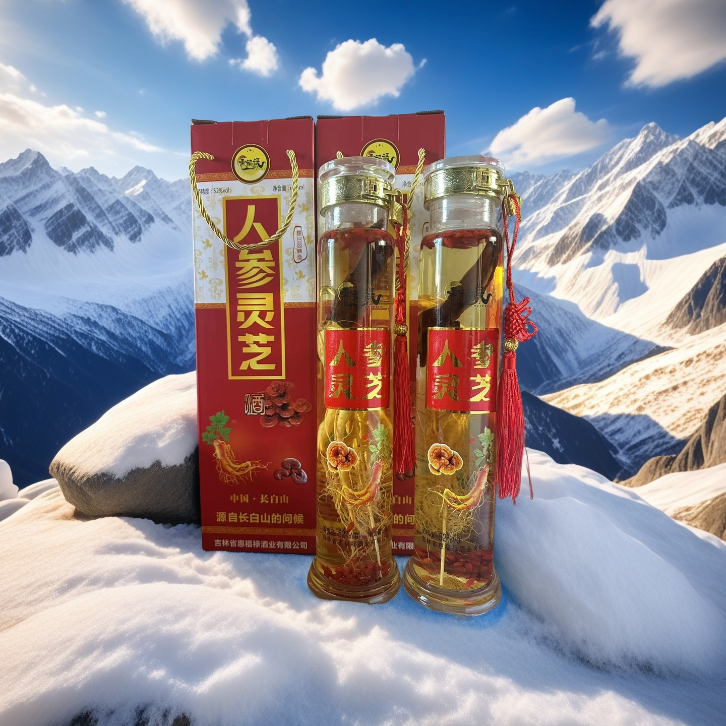 惠福禄人参酒 人参枸杞灵芝酒 酒 52度 1000mL 2瓶 人参灵芝+人参酒各一瓶