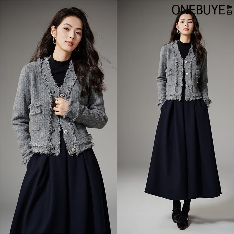 晚白【断码清仓】2026春款时尚气质上衣百搭纯色休闲含羊毛针织衫女 灰色 S