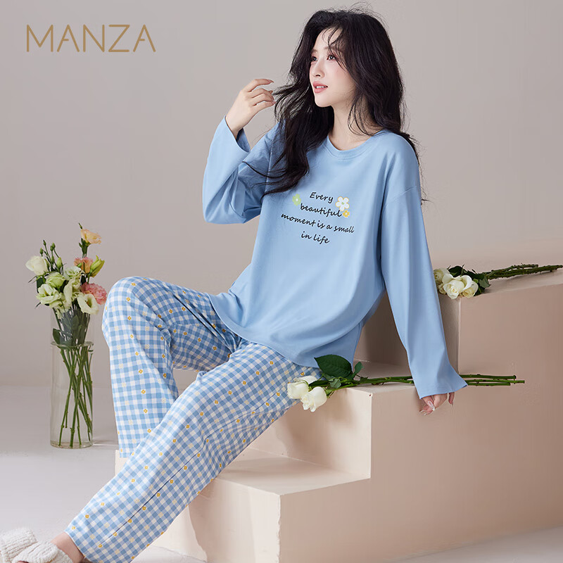 玛伦萨纯棉睡衣女春秋季可外穿2025新款柔软短袖长裤圆领四季全棉家居服 蓝色 M