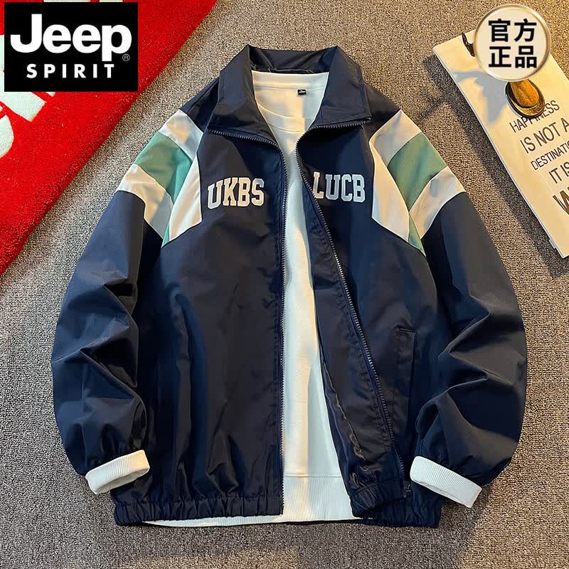 JEEP SPIRIT日系复古拼接立领夹克男街头cityboy宽松嘻哈休闲翻领冲锋衣外套 深蓝色 S