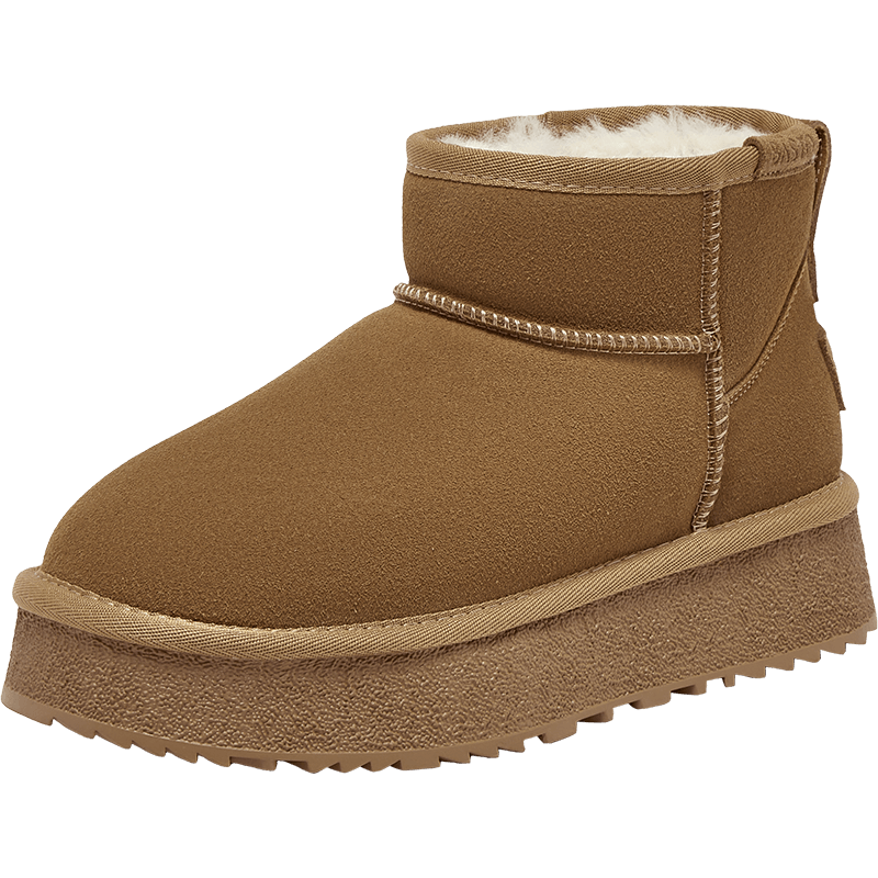 百思图25冬加绒厚底勃肯雪地靴棉鞋女毛毛鞋短靴女短靴DK801DD5 驼色 39